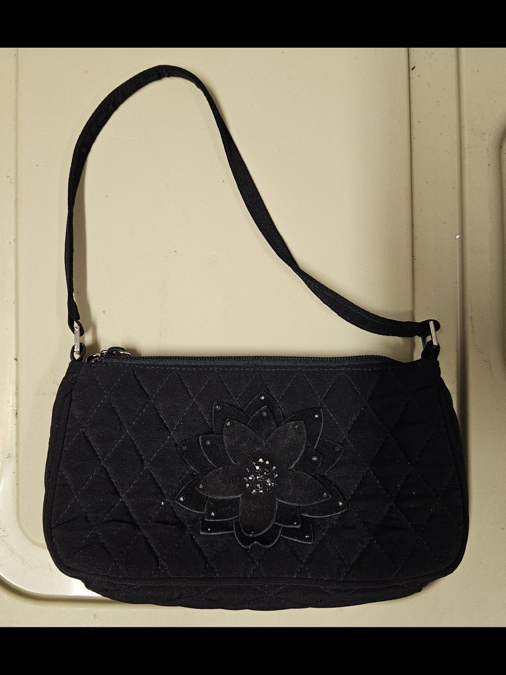 Vintage Black Vera Bradley Quilted Purse with Floral Applique